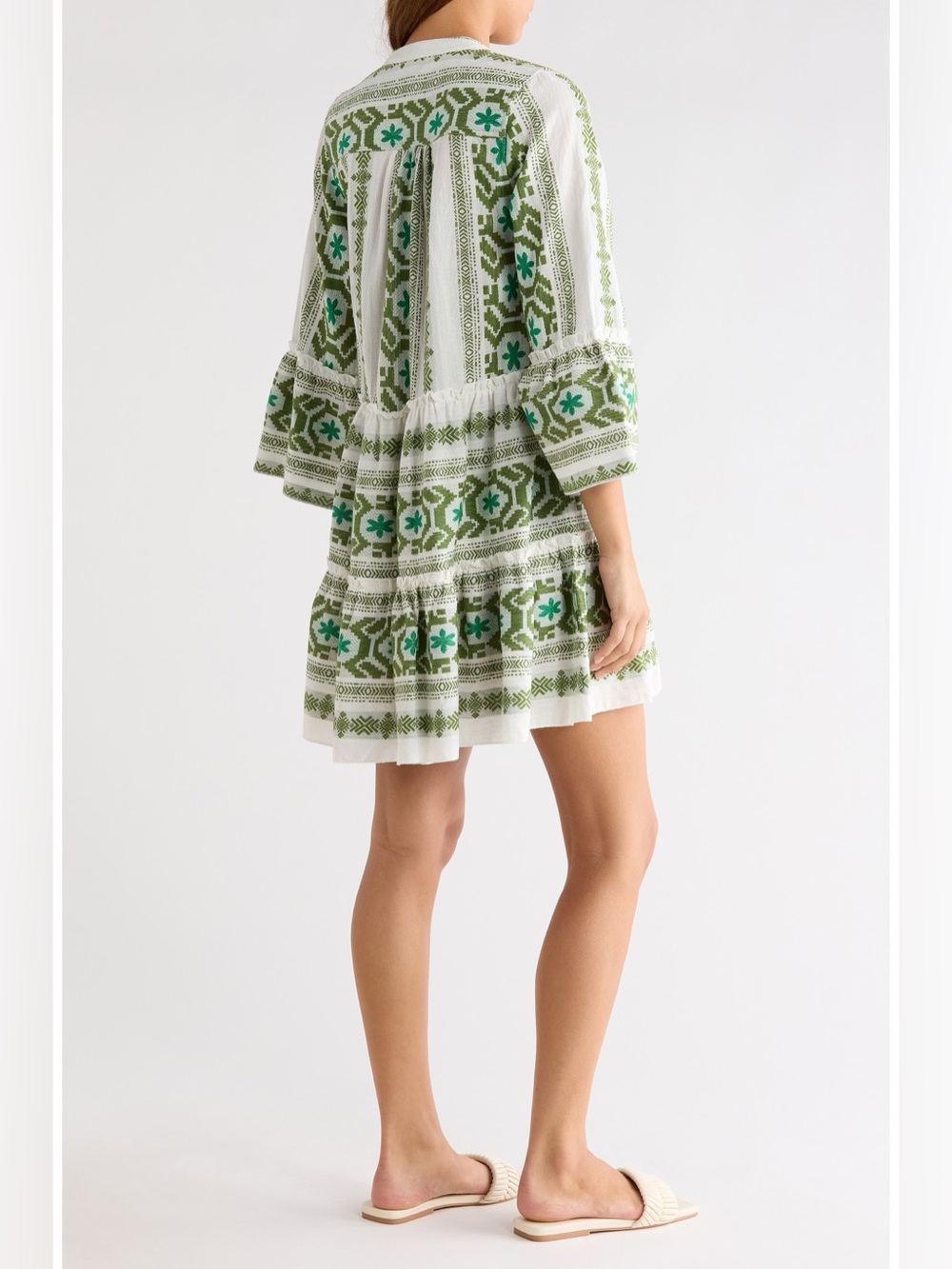 Elan Tiered White and Green Embroidered Mini Dress - Picture 3 of 11